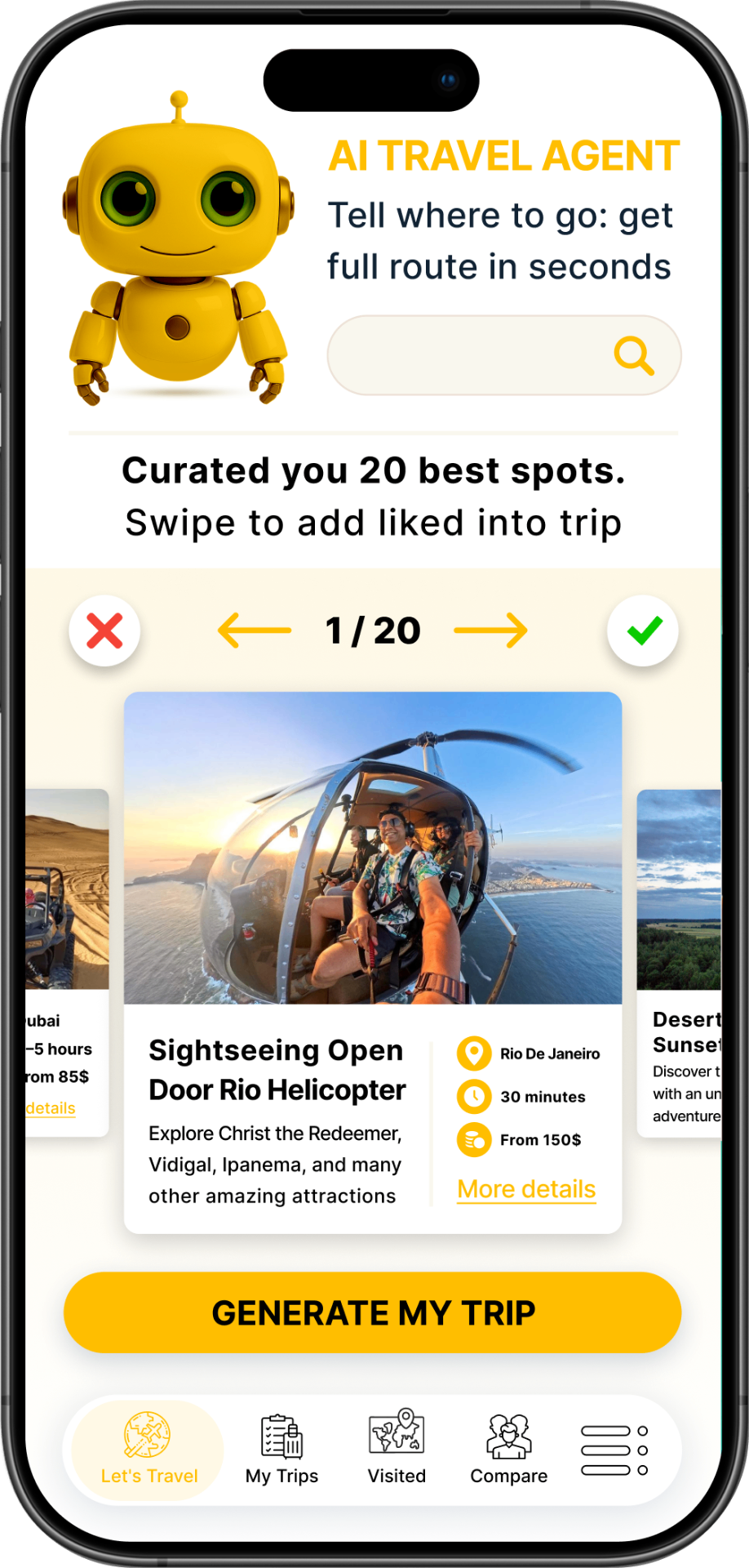 Travelgram home screen showing upcoming trip and suggested places