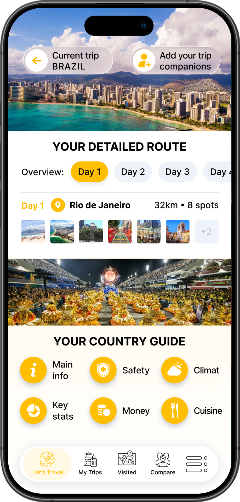 Travelgram swipe deck of AI-recommended points of interest