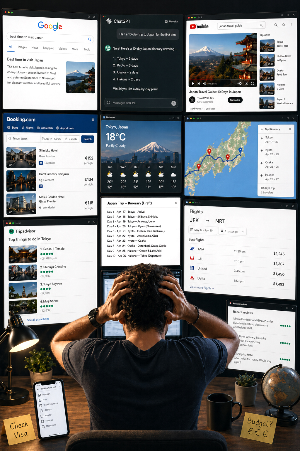 Overwhelmed traveler surrounded by chaotic planning tabs