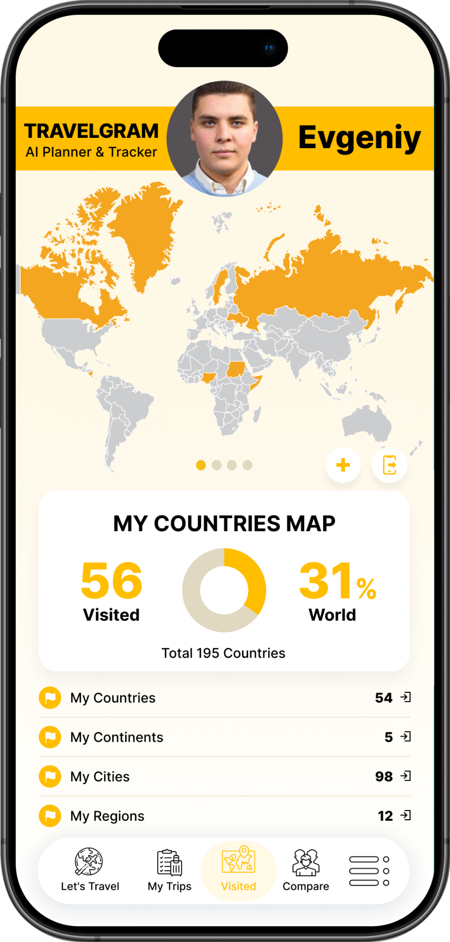Travelgram travel tracker showing a world map of visited countries